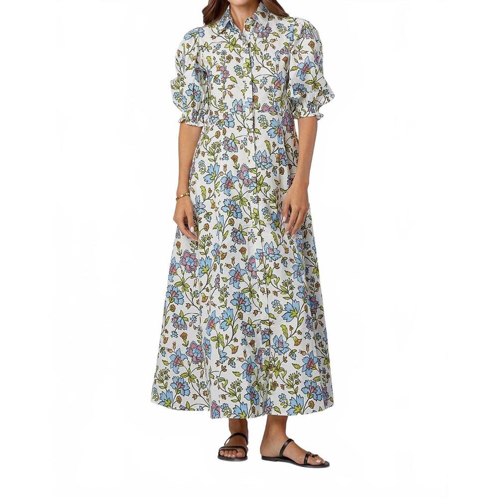Floral Button-Front Maxi Dress in White